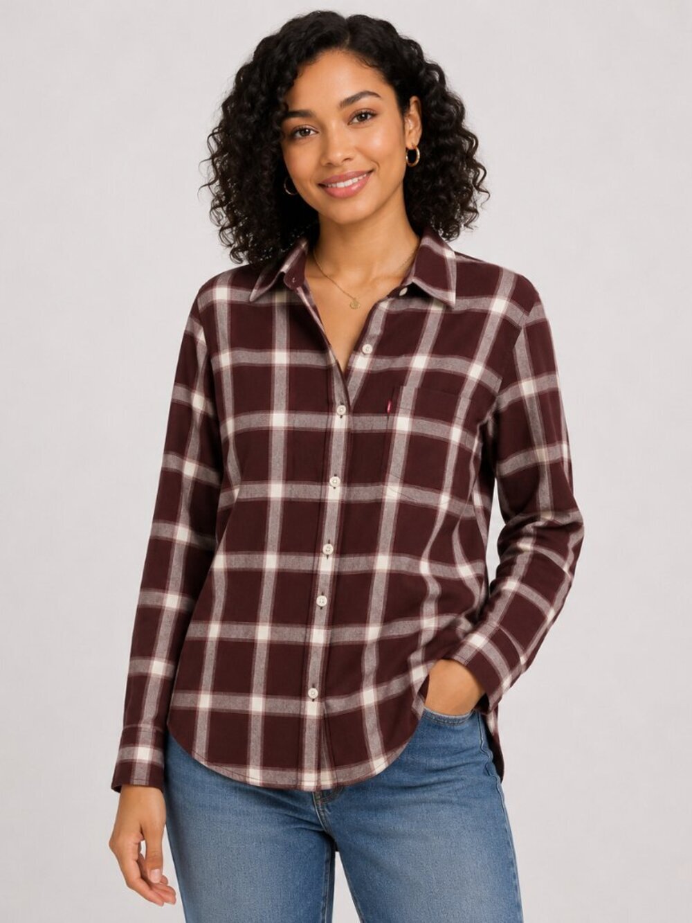 NWT Levi’s Plaid Red White Button Up Long Sleeve Cabin Core Relax Boyfriend Cut